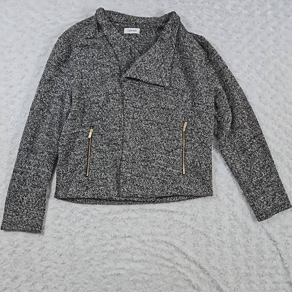 Calvin Klein Fly Away Jacket Open Front Moto Knit Gold Zippers Womens Size Large